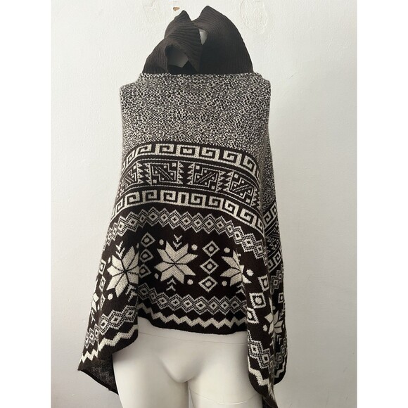 Peruvian Brown Aztec Cape Large Native Wool Blend Fitted Turtleneck Poncho - Picture 7 of 9